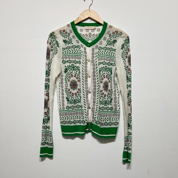 Tory Burch Greenfield Mixed Print Cotton Knit Cardigan Sweater White Green M - Picture 1 of 3